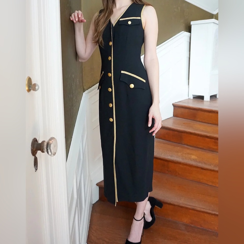 Versace Style Vintage Black and Gold Button Down Dress